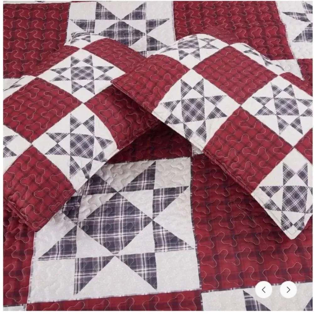 Country Star Patchwork Printed Lightweight King Quilt Set Farmhouse Red Black